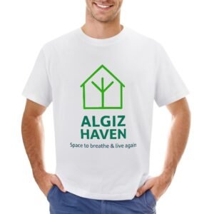 Cotton T-Shirt with Algiz Haven logo and tagline with profits from this purchase helping to fund programs and housing for vulnerable people
