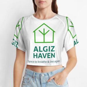 Cropped T-Shirt with the Algiz Haven logo and tagline, with all profits helping to fund programs and housing for vulnerable people