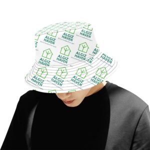 All-Over Print Bucket Hat with the Algiz Haven logo and tagline, with all profits helping to fund programs and housing for vulnerable people