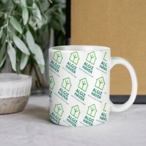 All-Over printed mug with the Algiz Haven logo and tagline, with all profits helping to fund programs and housing for vulnerable people